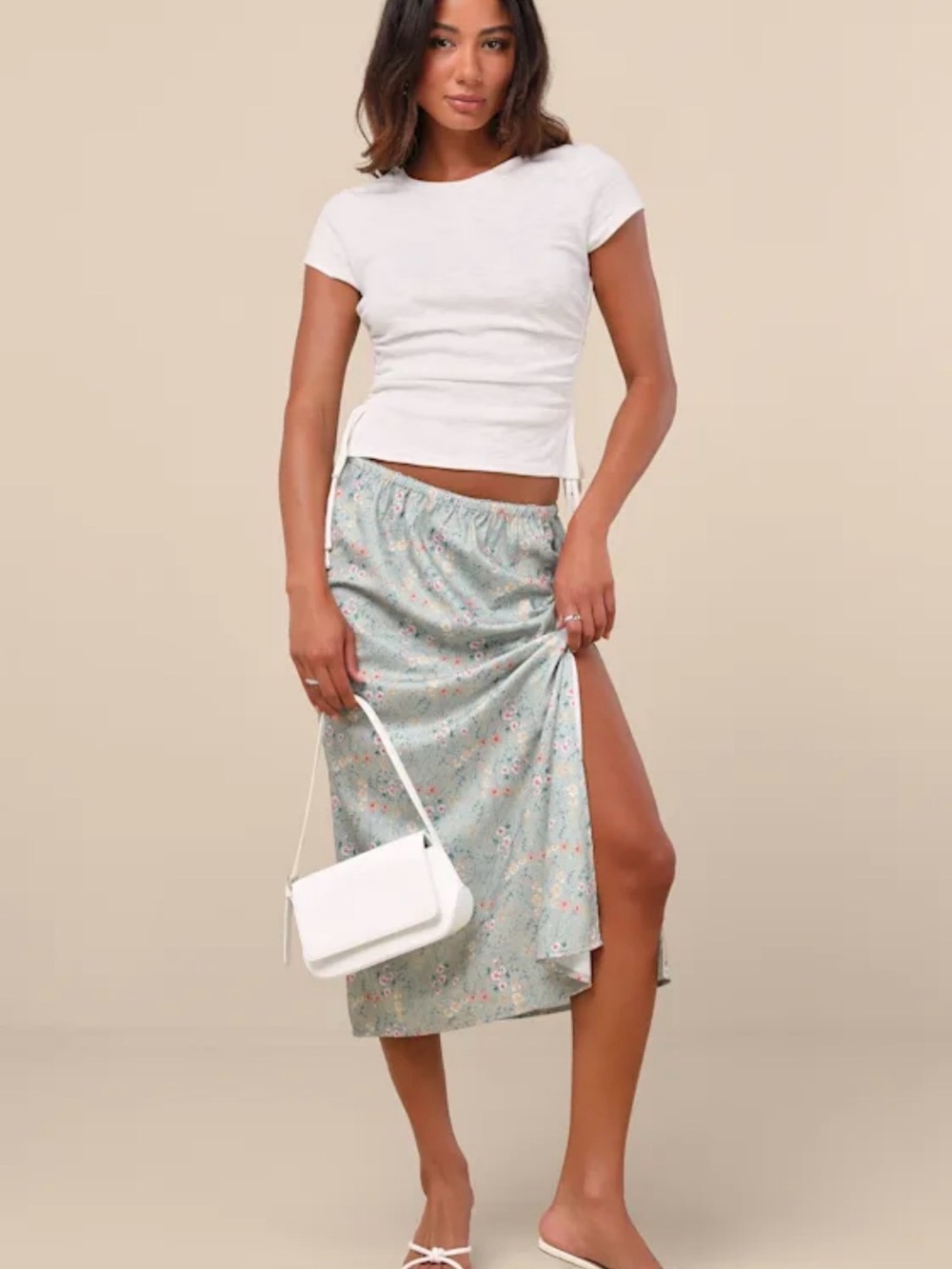 LULUS NWT Agatha Sage Multi Floral Satin Midi Skirt
